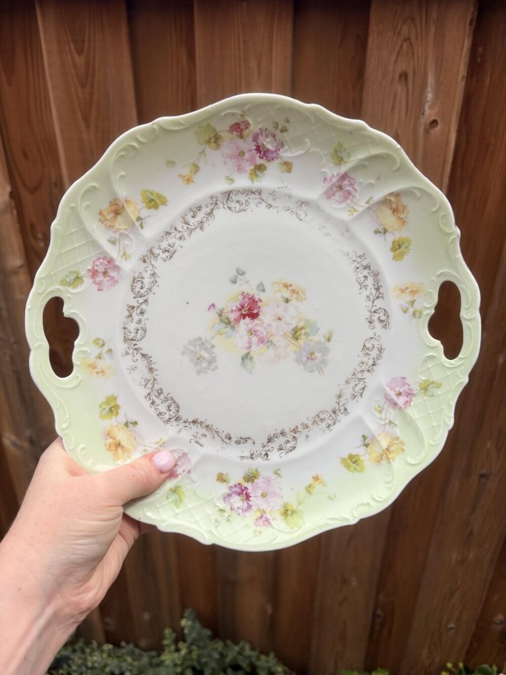 Vintage Floral Porcelain Cake Plate, Scalloped Serving Tray with Handles